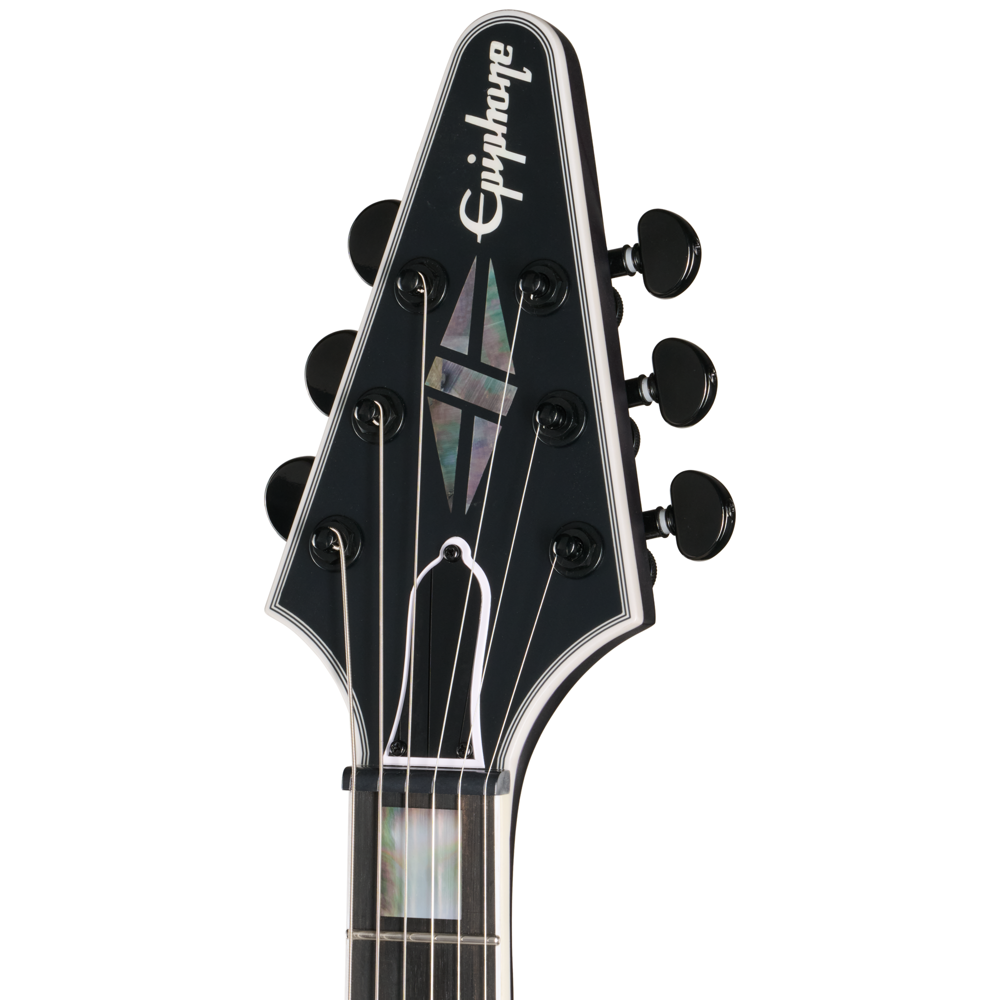 E-Gitarren-Kopfplatte, schwarz, sechs Saiten, Stimmmechaniken, Perlmutt-Einlage